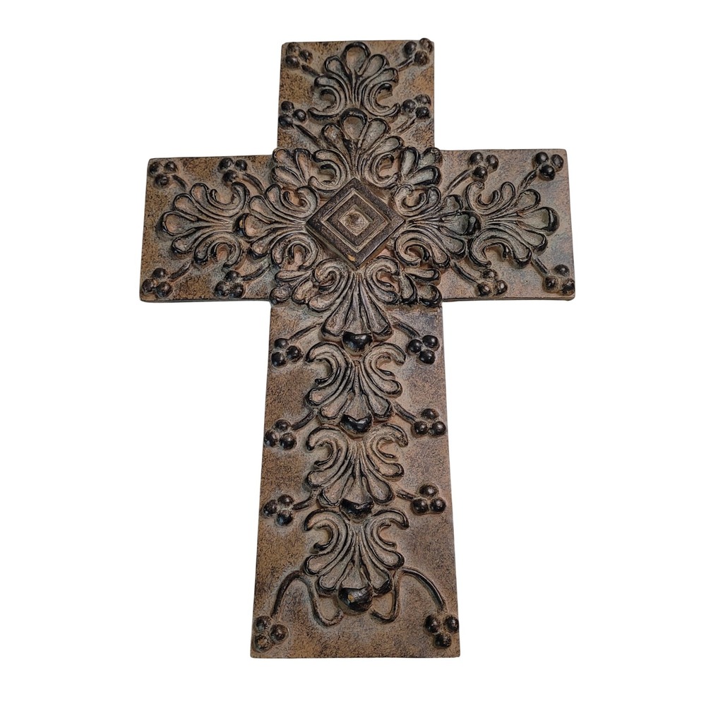 Ornate Scrollwork Wall Cross Resin Faux Bronze Antique Style Home Decor 10.5in